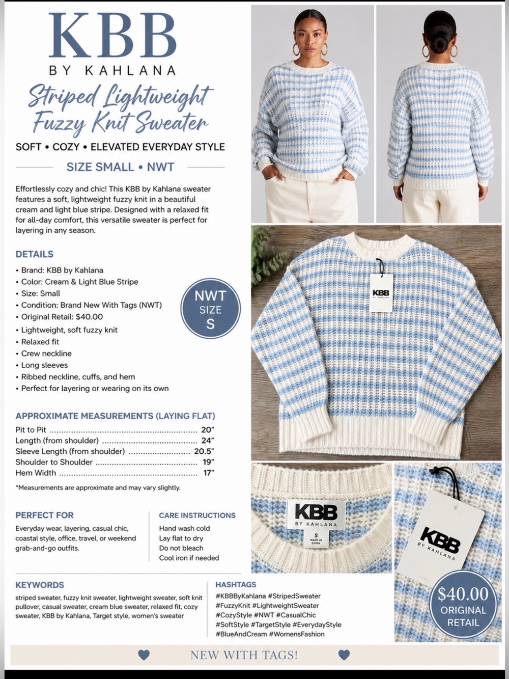 KBB by Kahlana Striped Lightweight Fuzzy Knit Sweater | NWT a tee| Size Small |